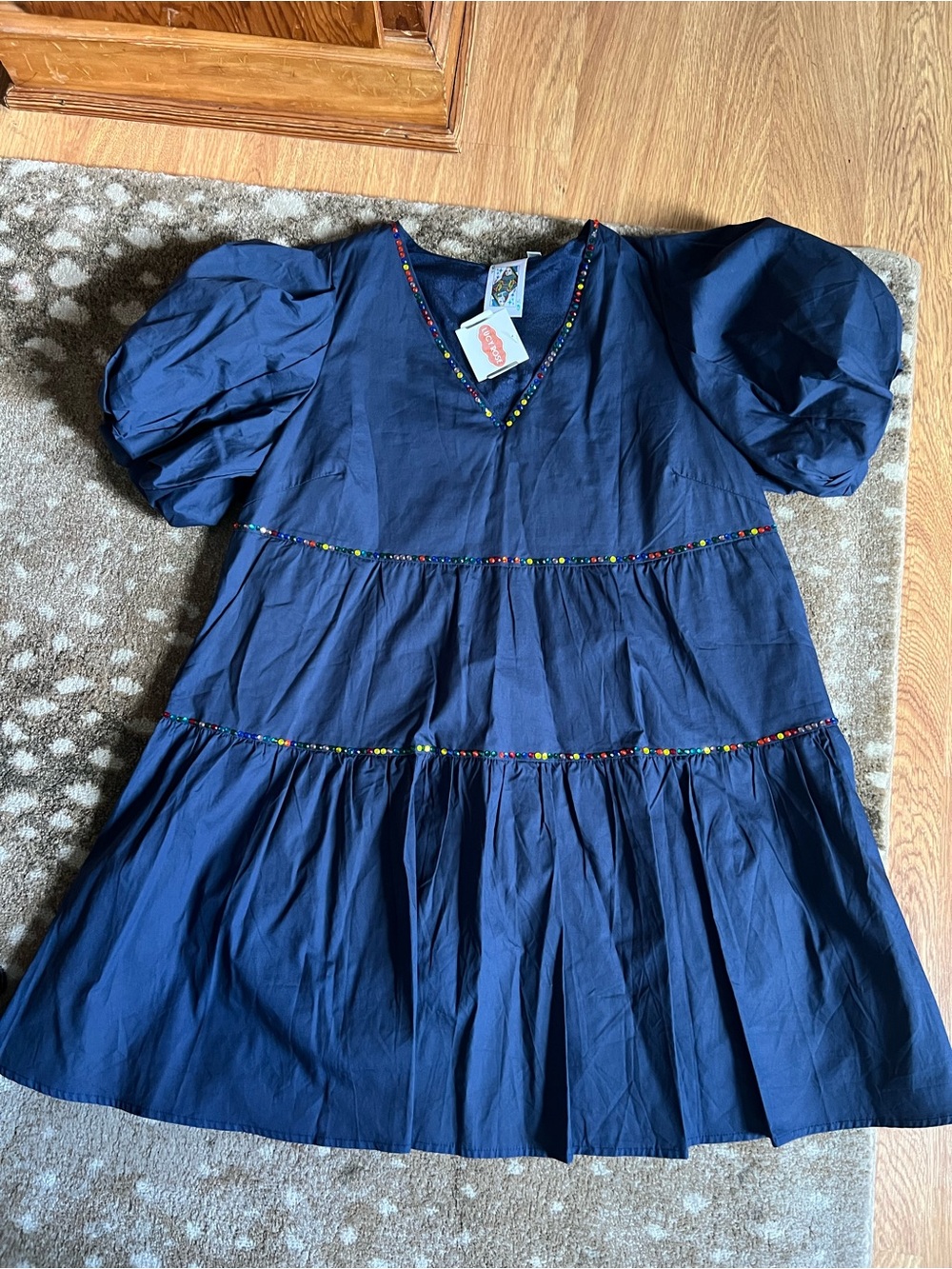 QUEEN OF SPARKLES Navy Firework Tiered Dress with Puff Sleeves